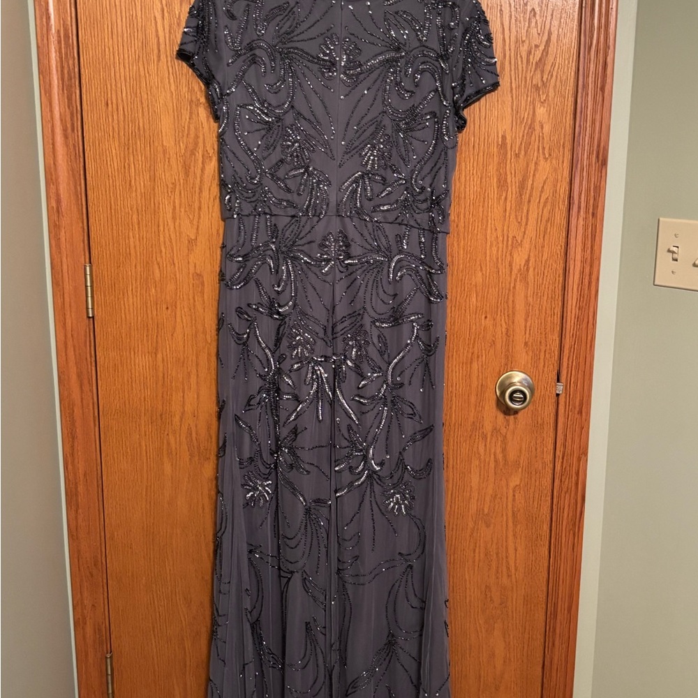 Adrianna Papell Gray Maxi Gown with Short Sleeves